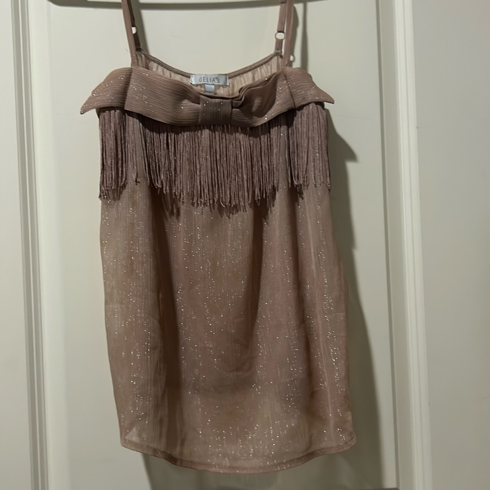 dELiA*s western tassel bow GOLD shimmer sheer camisole adjust strap size S